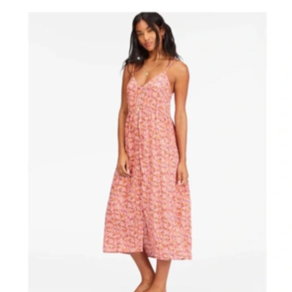 BILLABONG VENICE BABE MIDI SLIP DRESS Coral Red/Multi Sz. S - Picture 2 of 6
